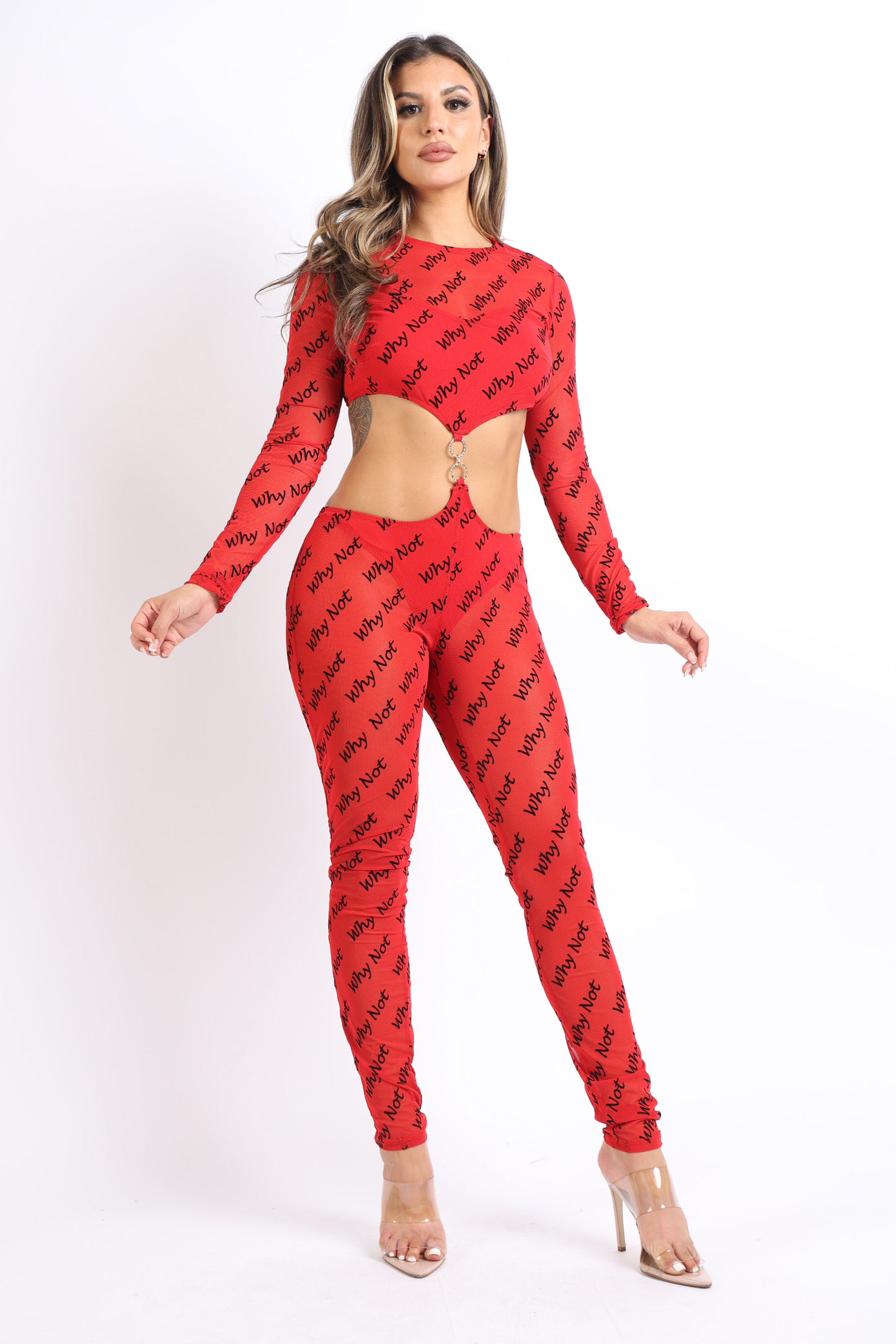 Lettering Printed Cutout Double O-Ring Mesh Sexy Jumpsuit RED