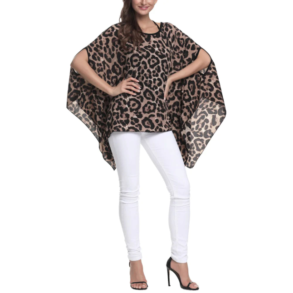 Womens Leopard Print Batwing Chiffon Top