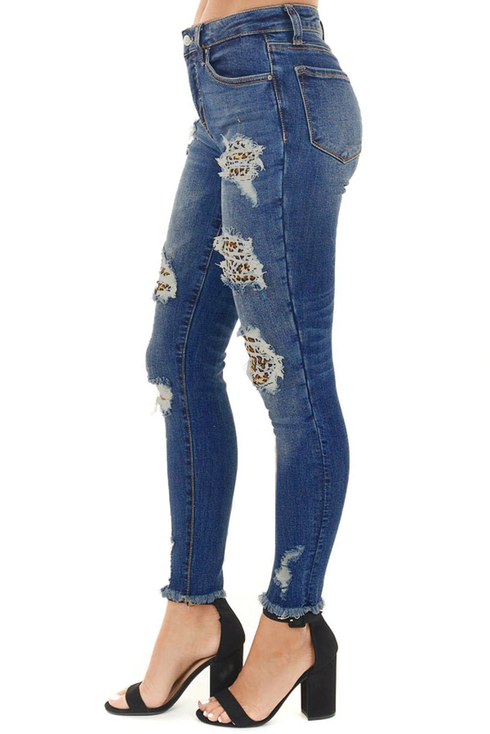 Women's Dark Blue Leopard Print Distressed Washed Skinny Jeans