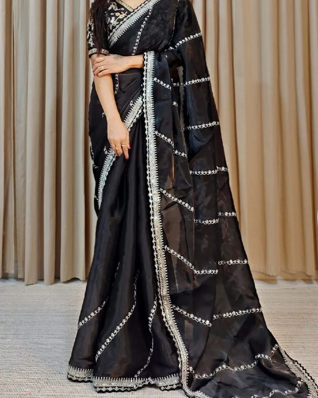 Pure soft zimmy choo silk sarees-BLACK