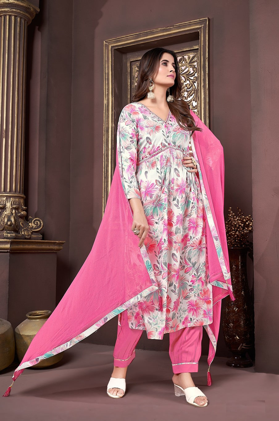 Women Kurta Pant Set With Dupatta (Size-S) (Color-PINK)