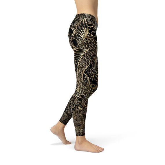 Womens Koi Fish Black Leggings