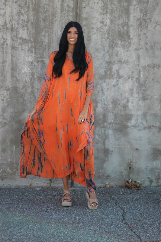 Hand-Dyed Tie-Dye Orange Maxi Kaftan Dress with Pockets – Loose Fit,