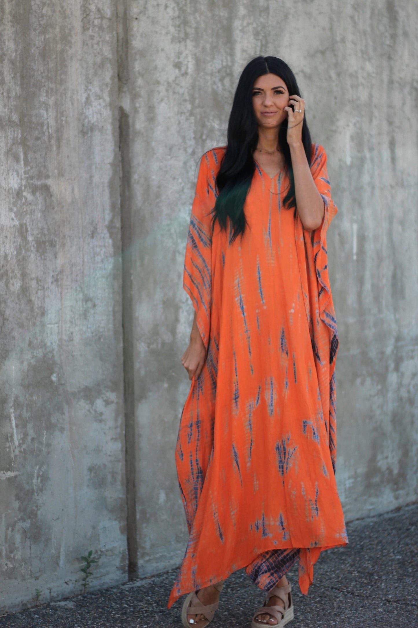 Hand-Dyed Tie-Dye Orange Maxi Kaftan Dress with Pockets – Loose Fit,