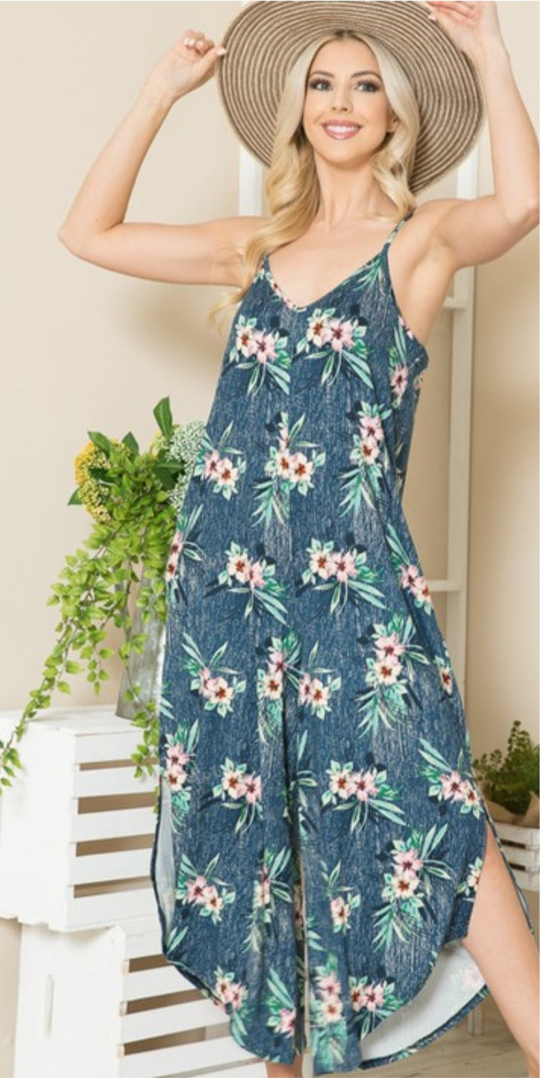 Side slit floral jumpsuit with side pockets