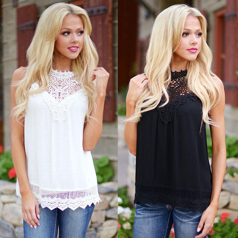 Lace Women Blouse Vintage Sleeveless White Crochet Casual Shirts Tops