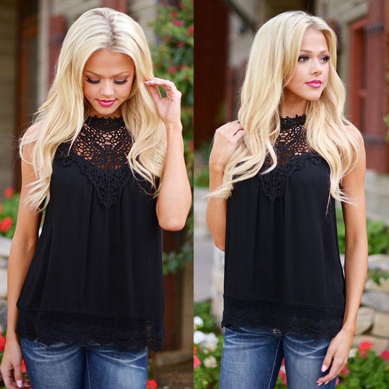 Lace Women Blouse Vintage Sleeveless White Crochet Casual Shirts Tops