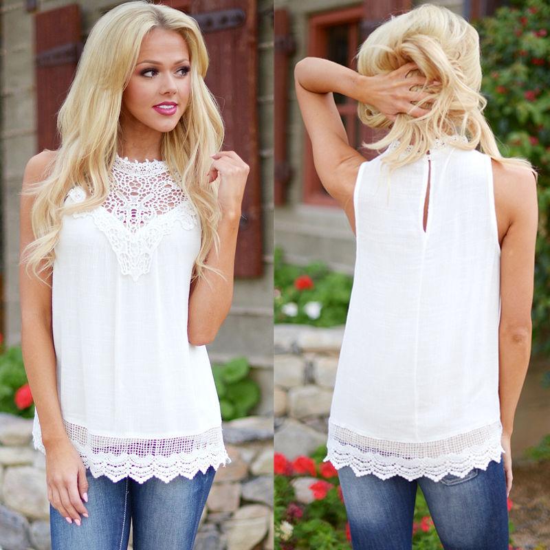 Lace Women Blouse Vintage Sleeveless White Crochet Casual Shirts Tops