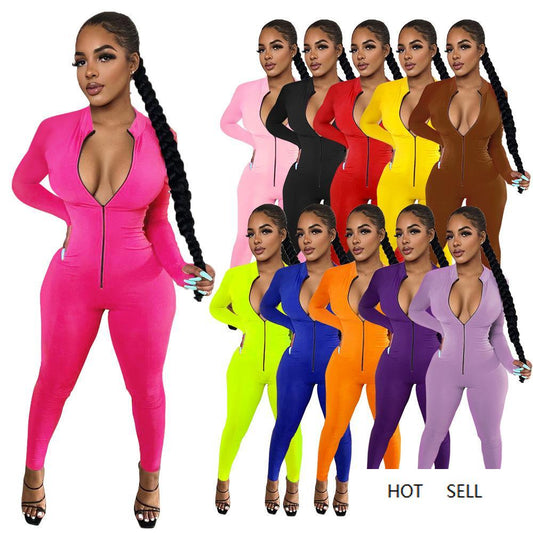 Plus Size Jumpsuits Womens Designer Slim Long Sleeve Zipper Rompers