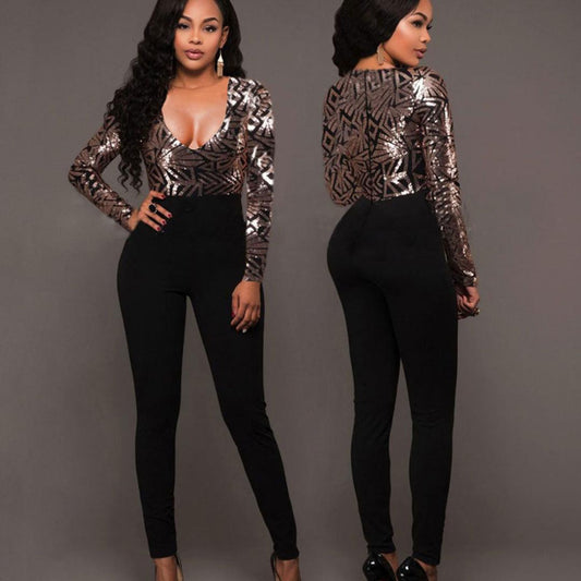 Sexy V Neck Jumpsuit Women Long Sleeve Sequin Rompers Jumpsuits Autumn