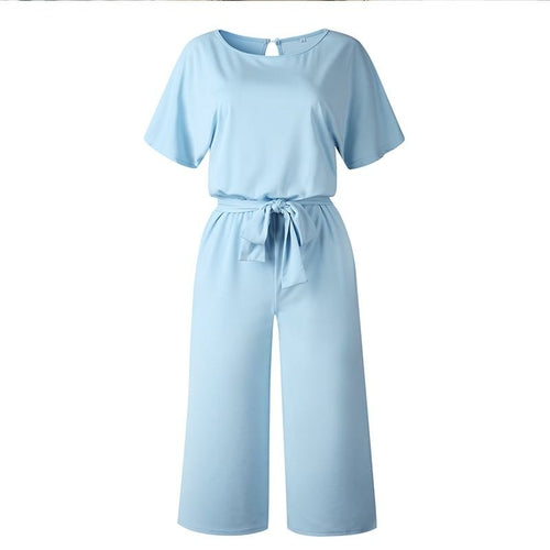 Summer Fashion Simple Short Sleeve Jumpsuit Women Wide Leg Pure Color