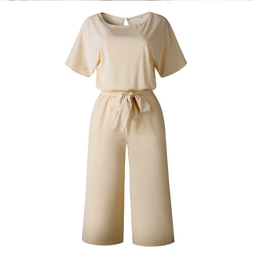 Summer Fashion Simple Short Sleeve Jumpsuit Women Wide Leg Pure Color