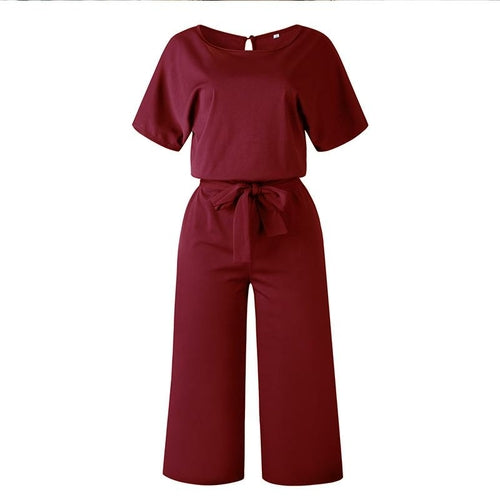 Summer Fashion Simple Short Sleeve Jumpsuit Women Wide Leg Pure Color