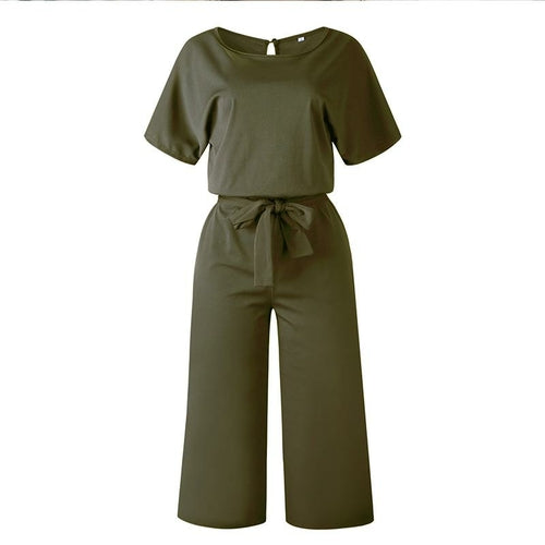 Summer Fashion Simple Short Sleeve Jumpsuit Women Wide Leg Pure Color