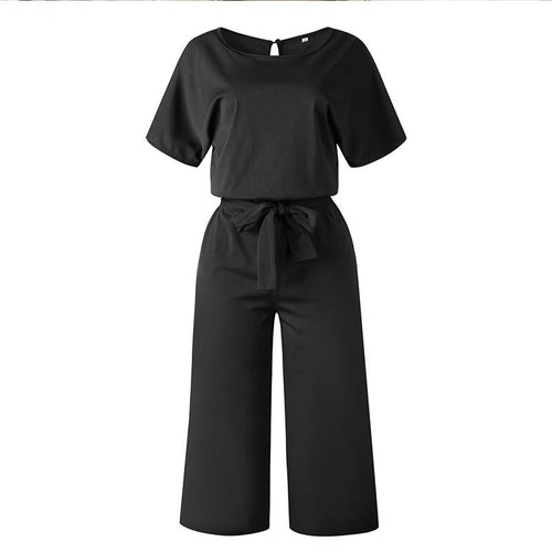 Summer Fashion Simple Short Sleeve Jumpsuit Women Wide Leg Pure Color