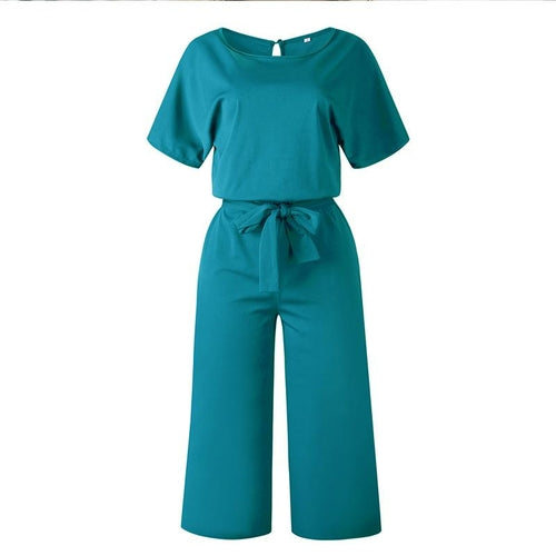 Summer Fashion Simple Short Sleeve Jumpsuit Women Wide Leg Pure Color