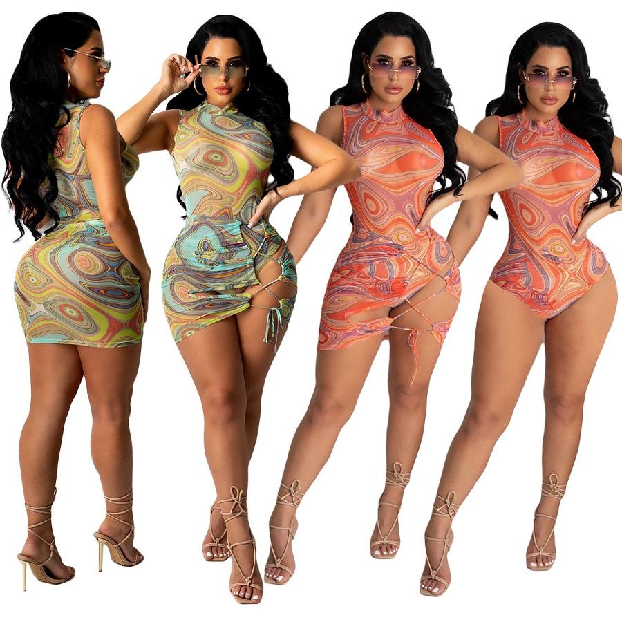 Women Two Piece Set Party Dress Skirt bodysuit Print Sexy Elegant