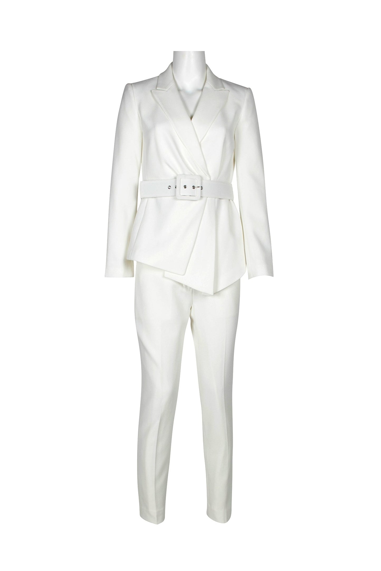 Tahari ASL Notched Collar Long Sleeve Pleated Belted Crepe Pants Suit