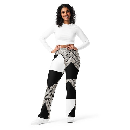 Womens Flare Leggings, Black and White Triangular Colorblock