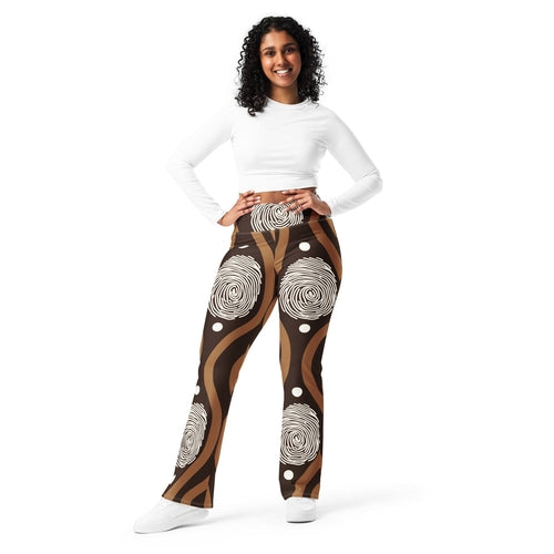 Womens Flare Leggings, Brown White Geometric Lines