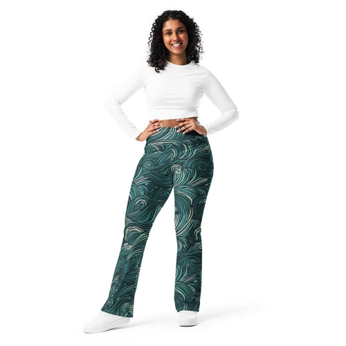 Womens Flare Leggings, Mint Green Water Wave Print