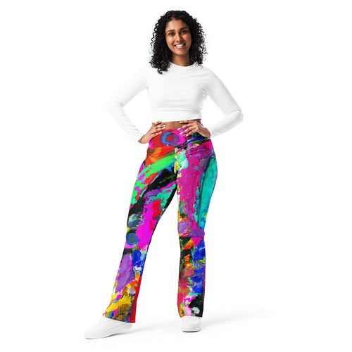 Womens Flare Leggings, Red Multicolor Abstract Print