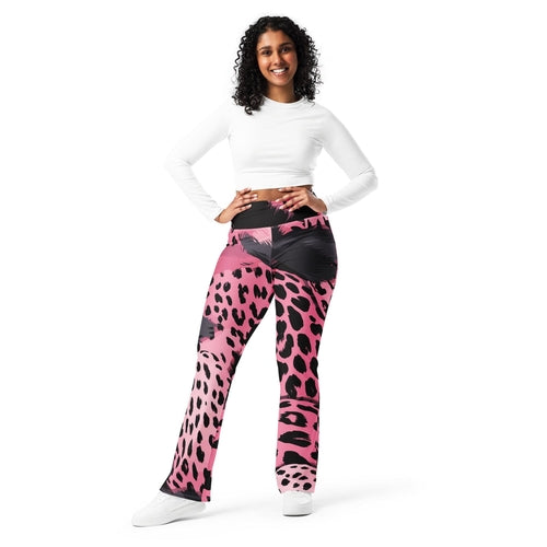 Womens Flare Leggings, Pink Black Spotted Print