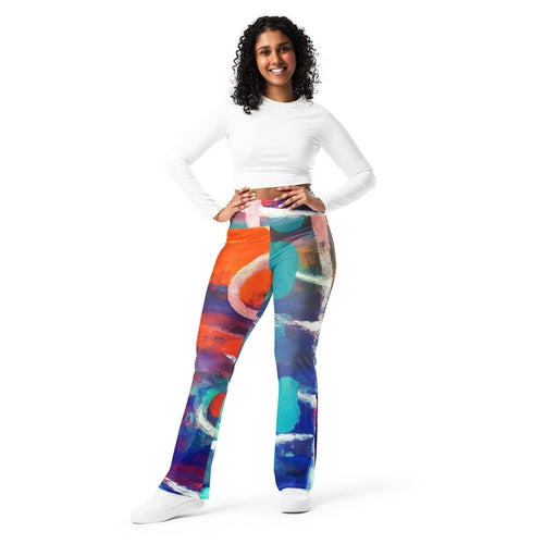 Womens Flare Leggings, Red Blue Multicolor Abstract Print