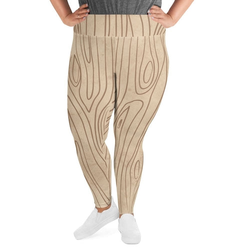 Womens Plus Size Fitness Leggings, Beige Brown Tree Sketch Lines