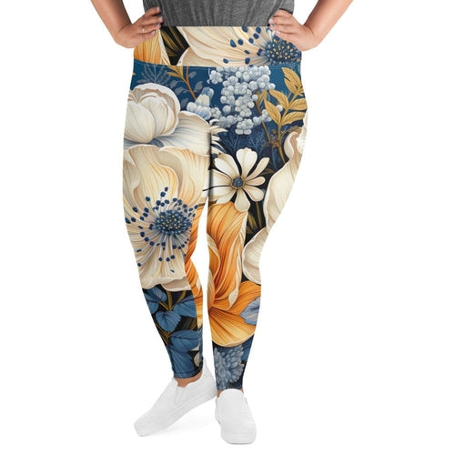 Womens Plus Size Fitness Leggings, Floral Blue Print