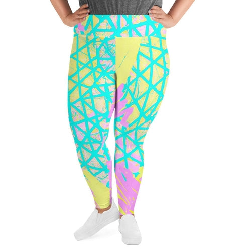 Womens Plus Size Fitness Leggings, Cyan Blue Lime Green and Pink