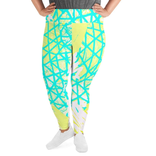 Womens Plus Size Fitness Leggings, Cyan Blue Lime Green and White