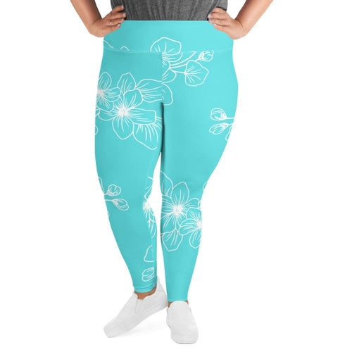 Womens Plus Size Fitness Leggings, Floral Cyan Blue 7022523