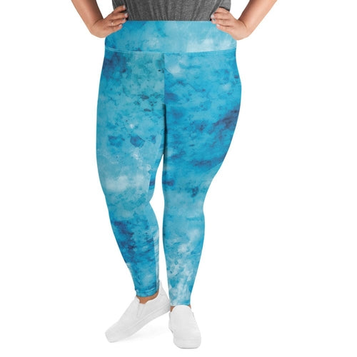 Womens Plus Size Fitness Leggings, Blue Marble Print