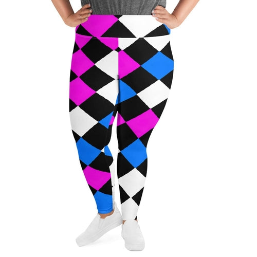 Womens Plus Size Fitness Leggings, Pink Blue Checkered Pattern