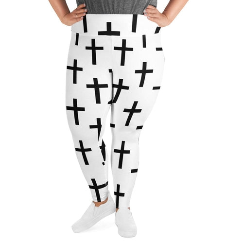 Womens Plus Size Fitness Leggings, White Black Cross Print