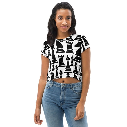 Womens Stretch Fit Crop Tee T-shirt, Black and White Chess Print