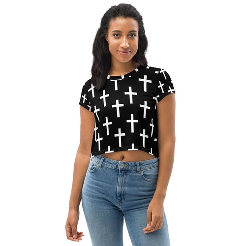 Womens Stretch Fit Crop Tee T-shirt, Black White Cross Print