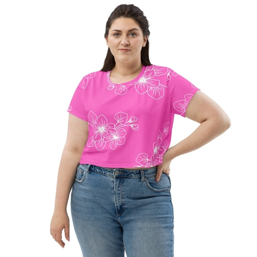 Womens Stretch Fit Crop Tee T-shirt Jersey, Pink Floral 7022623