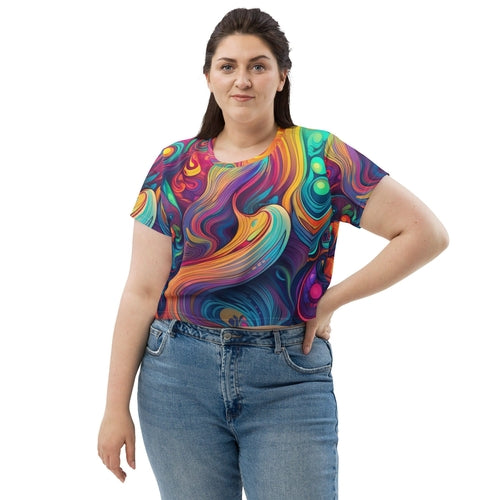 Womens Stretch Fit Crop Tee T-shirt Jersey, Vibrant Psychedelic