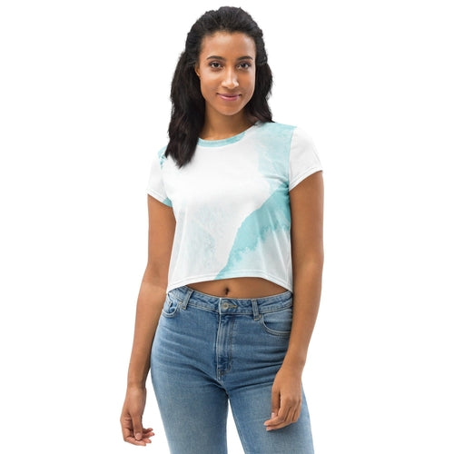 Womens Stretch Fit Crop Tee T-shirt, Subtle Abstract Ocean Blue and